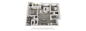 A 3D floor plan of a small apartment with a kitchen, living room, and bathroom.
