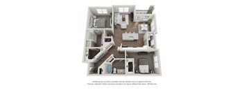 A 3D floor plan of a house with a kitchen, living room, and bathroom.