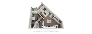 A 3D floor plan of a house with a kitchen, living room, and bathroom.