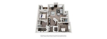 A drawing of a house with a kitchen, living room, and two bedrooms.