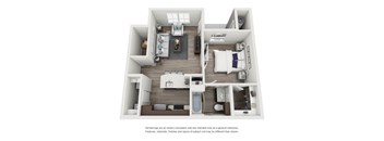 A floor plan of a small apartment with a kitchen, living room, and two bedrooms.