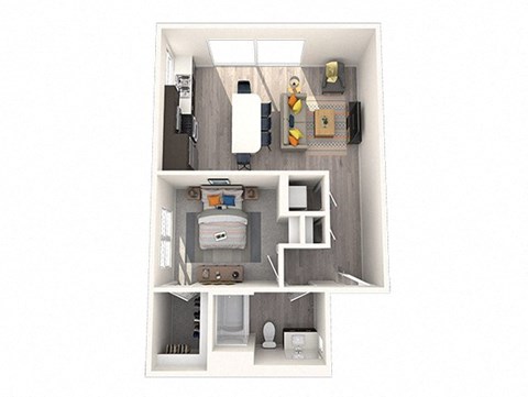 a stylized floor plan with a bedroom and a bathroom
