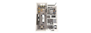 a stylized floor plan with a bedroom and a living room