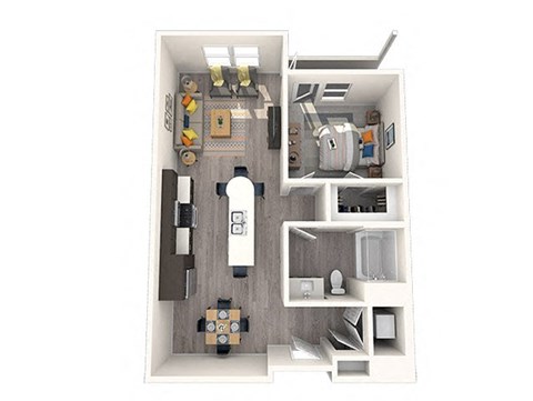 a stylized floor plan with a bedroom and a living room