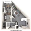 A floor plan of a house with a living room, dining room, kitchen, and two bedrooms.