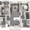 A diagram of a small apartment with a kitchen, living room, and bathroom.