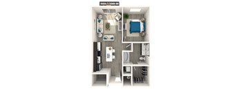 A top-down view of a small, modern apartment with a kitchen, living room, and bathroom.