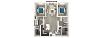 A top-down view of a small, well-organized apartment with two bedrooms, a living area, and a kitchen.