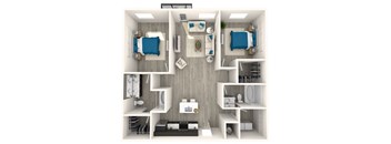 A 3D floor plan of a small apartment with two bedrooms, a living room, and a kitchen.