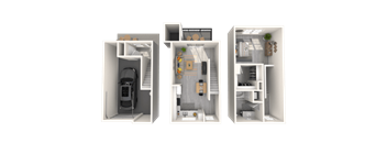 Three different floor plans of a small apartment are shown.