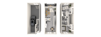 Three images of a small apartment layout.