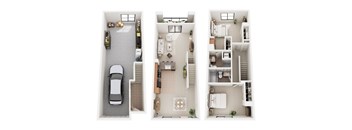 Three different floor plans of a house with a car parked in the driveway.