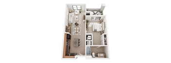 A top down view of a small apartment with a kitchen, living room, and bathroom.