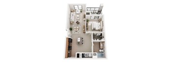 A top-down view of a small apartment with a kitchen, living room, and bathroom.