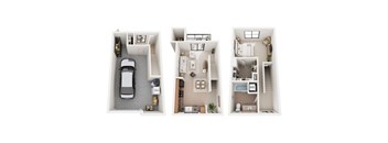 Three different floor plans of a house with a car parked in the first one.