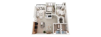 A floor plan of a small apartment with a kitchen, living room, and bathroom.