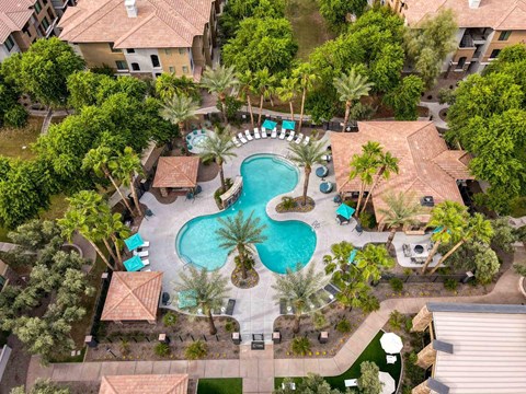 An aerial view of a pool surrounded by palm trees and buildings.