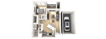 A 3D floor plan of a small apartment with a kitchen, living room, and bedroom.