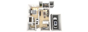 A 3D floor plan of a house with a car parked in the garage.