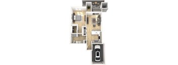 A top down view of a house with a car in the garage.
