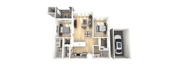 A 3D floor plan of a house showing a kitchen, living room, dining room, and two bedrooms.