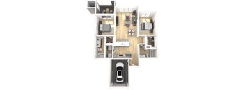 A top-down view of a house layout with a kitchen, living room, and bedrooms.
