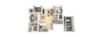 A 3D floor plan of a house with a kitchen, living room, and a garage.