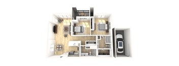 A 3D floor plan of a house with a kitchen, living room, and bedrooms.