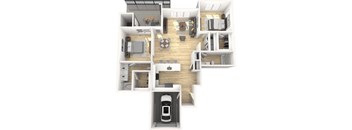 A top-down view of a house layout with a car in the garage.