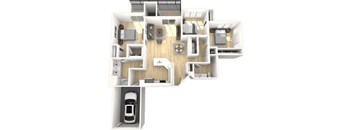A 3D floor plan of a house with a kitchen, living room, and bedrooms.