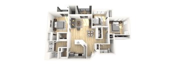 A 3D floor plan of a house with multiple rooms.