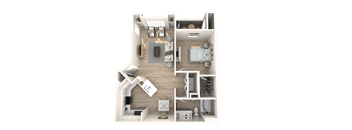 A 3D floor plan of a house with a kitchen, living room, and bathroom.