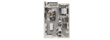 A top-down view of a small apartment with a kitchen, living room, and bathroom.