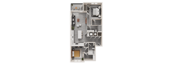 A floor plan of a house with a kitchen, living room, and two bedrooms.
