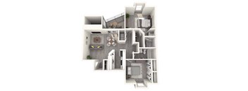 A 3D floor plan of a house with a kitchen, living room, and bathroom.