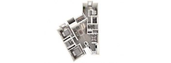 A 3D floor plan of a house with multiple rooms and a central courtyard.