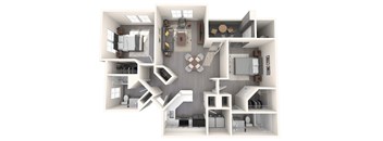 A 3D floor plan of a house with various rooms and furniture.