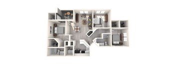 A 3D floor plan of a house with various rooms and furniture.
