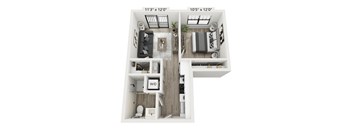A floor plan of a small apartment with a living room, kitchen, and bathroom.