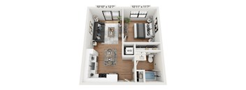 A 3D floor plan of a small apartment with a living room, kitchen, and bathroom.