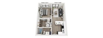 A floor plan of a small apartment with a living room, kitchen, and bathroom.