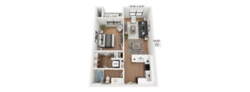 A floor plan of a small apartment with a living room, kitchen, and bathroom.