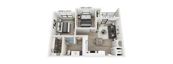 A floor plan of a small apartment with a living room, kitchen, and bathroom.