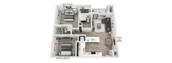 A floor plan of a two-bedroom apartment with dimensions and room layout.