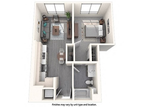 a stylized floor plan with a bedroom and a bathroom