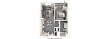 a stylized floor plan with a bedroom and a living room