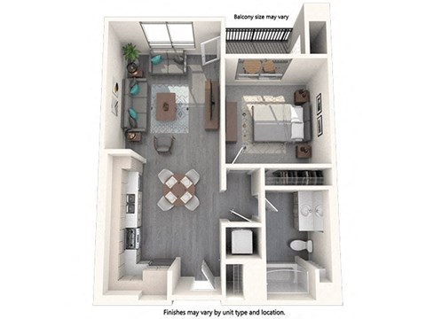 a stylized floor plan with a bedroom and a living room