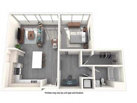a stylized floor plan with a bedroom and a living room