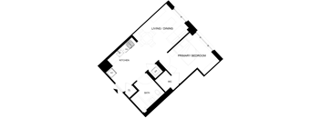 A black and white image of a house floor plan with a living/dining area, kitchen, bathroom, and primary bedroom.