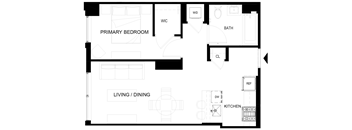 A floor plan of a house with a primary bedroom, living/dining area, kitchen, bath, and closet.